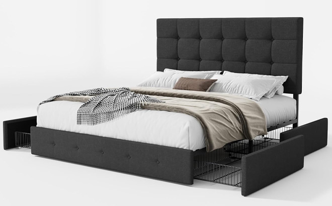 Sha Cerlin Upholstered Platform Bed Frame with 4 Storage Drawers Sha Cerlin Upholstered Platform Bed Frame with 4 Storage Drawers
