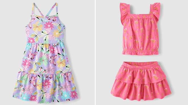 The Childrens Place Girls Butterfly Tiered Dress and The Childrens Place Toddler Girls Floral Flutter 2 Piece Outfit Set