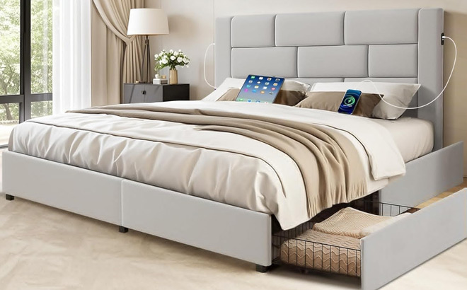 Vecelo Upholstered Bed Frame with 4 Storage Drawers Vecelo Upholstered Bed Frame with 4 Storage Drawers