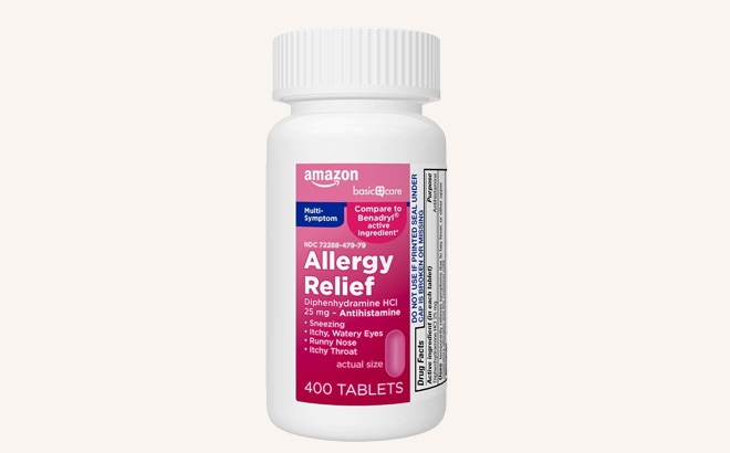 A Bottle of Amazon Basic Care Allergy Relief 25mg Tablets A Bottle of Amazon Basic Care Allergy Relief 25mg Tablets