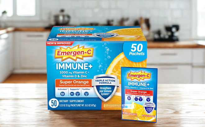 A Box of Emergen C Immune Support Powder on a Table