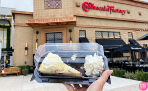 A Person Holding a Slice of Cheesecake Takeout in Front of The Cheesecake Factory Store