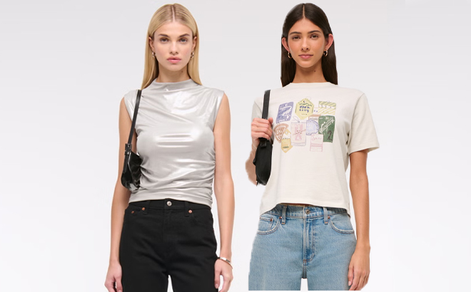 Abercrombie Fitch Short Sleeve Ski Tag Graphic Relaxed Tee The AF Paloma Liquid Shine Top