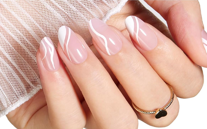 Beetles Pink Press On Nails with Swirl White French Tip