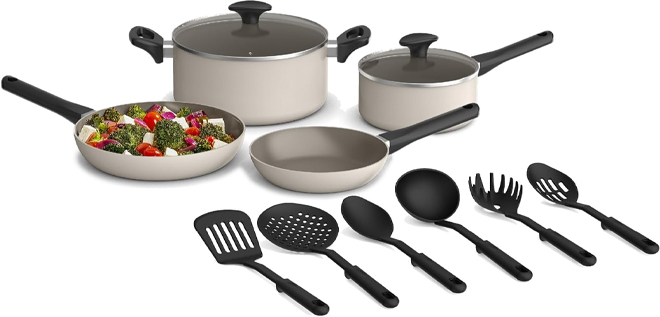 Bella 12 Piece Cookware Set with EverGood Ceramic Nonstick Coating in Oatmilk Bella 12 Piece Cookware Set with EverGood Ceramic Nonstick Coating in Oatmilk