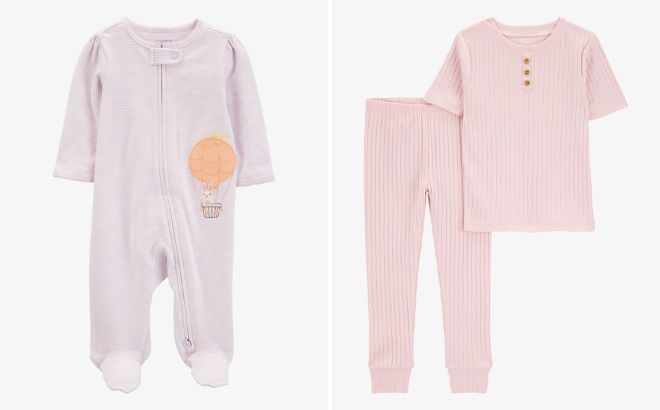 Carters Baby 2 Way Zip Cotton Sleep Play Pajamas and Toddler Solid Ribbed Cotton Blend 2 Piece Pajamas