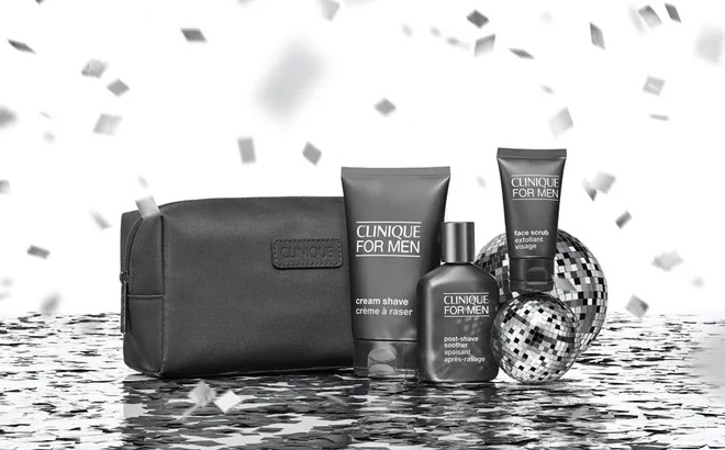 Clinique Razor Ready Routine Mens Skincare Set on the Table with Confetti