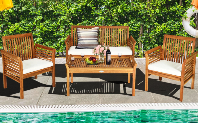 Costway 4 Piece Outdoor Acacia Wood Sofa Furniture Set