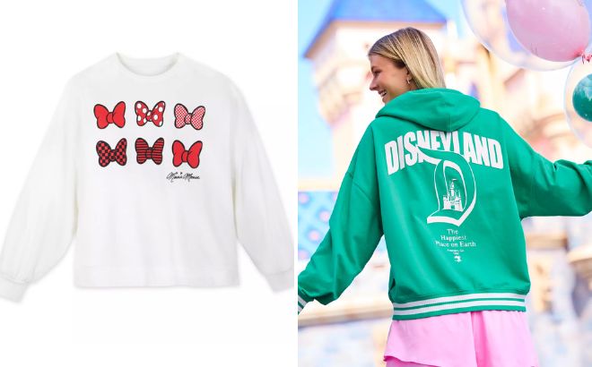 Disney Minnie Mouse Bow Pullover Sweatshirt for Women and Disneyland Varsity Zip Hoodie for Women