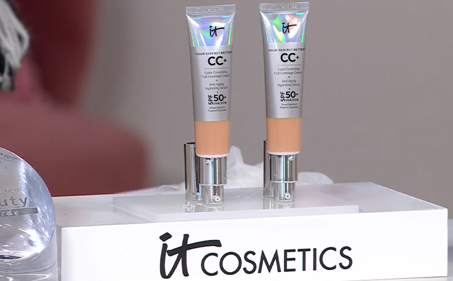 IT Cosmetics CC Cream SPF 50 Foundation Duo on a Product Stand