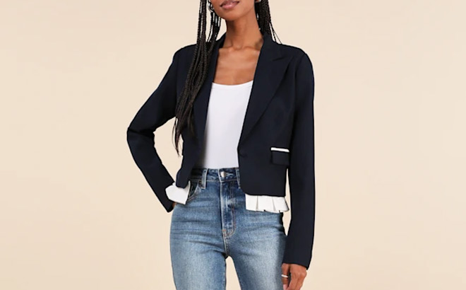 Lulus Preppy Charm Navy Blue Ruffled Blazer