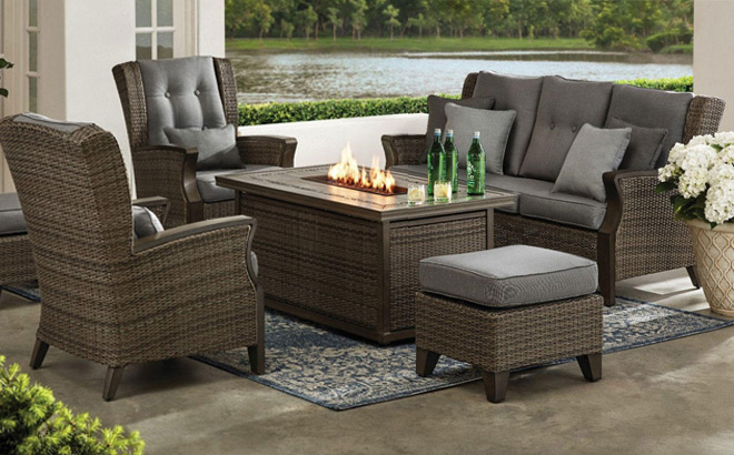 Members Mark Newcastle Deep Seating Fire Set with Sunbrella Fabric 6pc Set Members Mark Newcastle Deep Seating Fire Set with Sunbrella Fabric 6pc Set