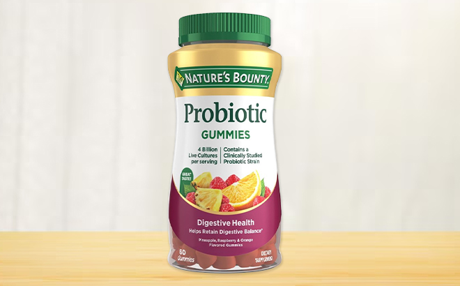 Natures Bounty 60 Count Probiotic Gummies on a Table Natures Bounty 60 Count Probiotic Gummies on a Table