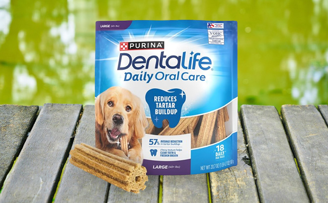 Purina DentaLife Large Dog Dental Chews on the Wooden Table