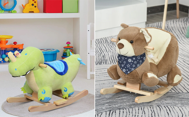 Qaba Kids Plush Toy Dinosaur Ride Rocking Horse and Kids Ride On Toy Bear Rocker
