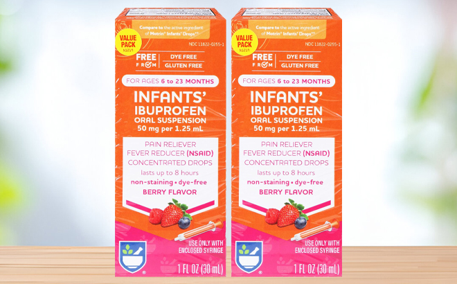 Rite Aid Infants Dye Free Ibuprofen Drops 2 Pack on a Table