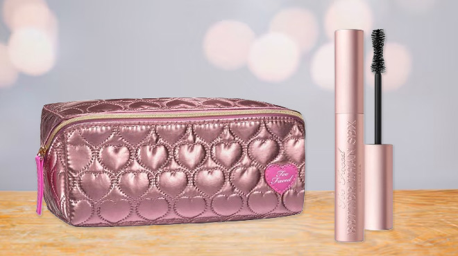 Too Faced Better Than Sex Original Mascara with Bag on a Table Too Faced Better Than Sex Original Mascara with Bag on a Table