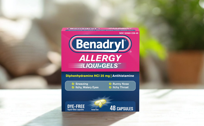A Box of Benadryl Liqui Gels Antihistamine Allergy Medicine on a Table