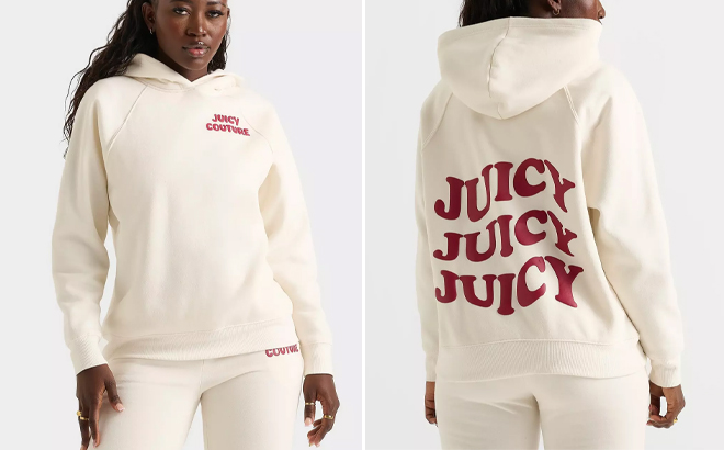 A Person Wearing the Womens Juicy Couture Wave Fleece Hoodie in Beige A Person Wearing the Womens Juicy Couture Wave Fleece Hoodie in Beige