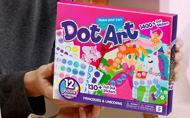 A Person holding Joyfy Unicorns Princess Dot Art Craft Set Box A Person holding Joyfy Unicorns Princess Dot Art Craft Set Box