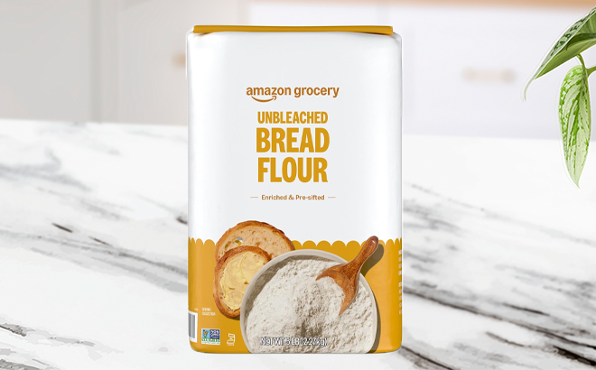Amazon Grocery Enriched Bread Flour Unbleached 5 Lb Bag on a Kitchen Counter Amazon Grocery Enriched Bread Flour Unbleached 5 Lb Bag on a Kitchen Counter