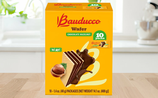 Bauducco Chocolate Hazelnut Wafer Cookies 10 Count Box on a Table