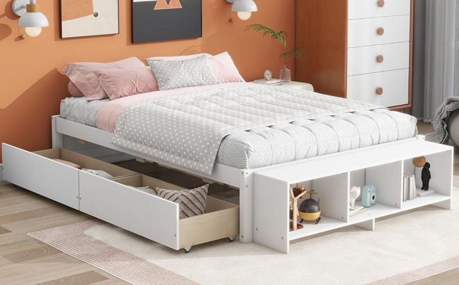 Dolonm Full Size Bed with 2 Drawers and Storage Shelves