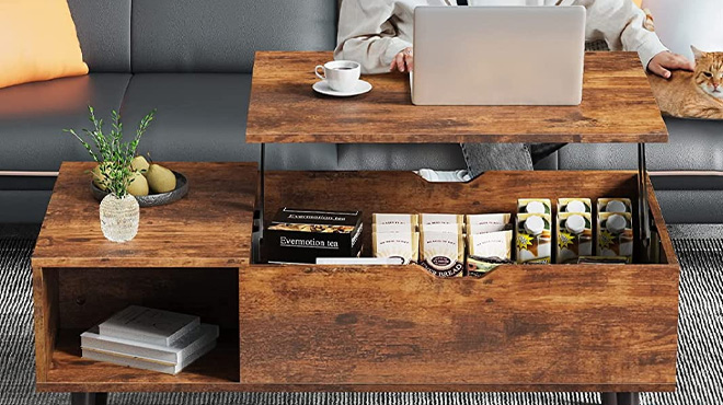 EDX Adjustable Height Wooden Coffee Table with Hidden Compartments and Shelves