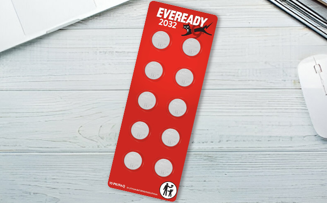 Eveready Lithium 3V Coin Batteries 10 Count Pack on a Table