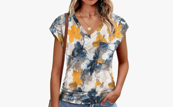 Eyelet Womens Tops Cap Sleeve V Neck T Shirts