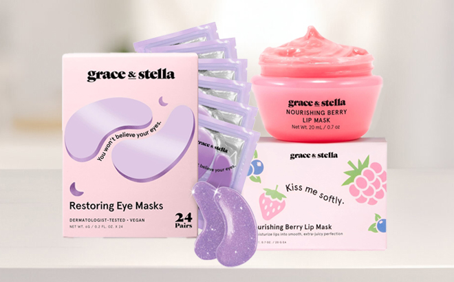 Grace Stella Retinol Under Eye Patches 24 Pairs and Grace Stella Lip Mask on a Table