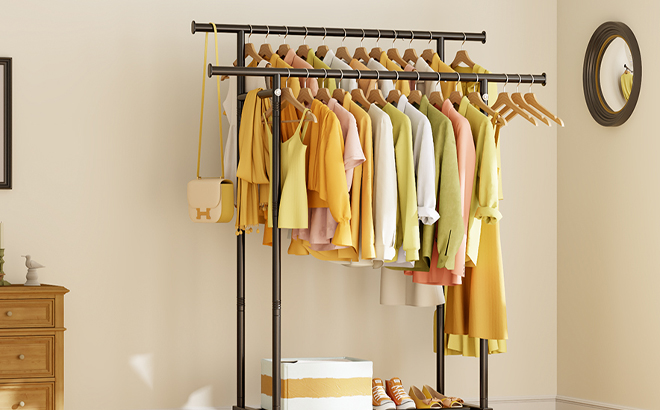 HYSEYY Double Rods Clothing Rack in Black Color in a Room