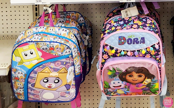 LankyBox Kids Single Backpacks and Dora Kids Single Backpacks on a Rack in a Store