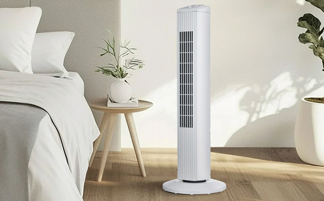 Mainstays 28 Inch Tall 3 Speed Oscillating Tower Fan in White Mainstays 28 Inch Tall 3 Speed Oscillating Tower Fan in White
