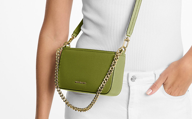 Michael Kors Bryant Small Pebbled Leather Convertible Pochette in Meadow Green Color Michael Kors Bryant Small Pebbled Leather Convertible Pochette in Meadow Green Color