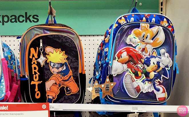 Naruto Kids Single Backpacks and Sonic the Hedgehog Kids Single Backpacks in a Store