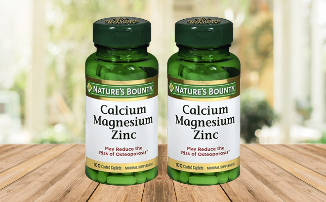 Natures Bounty Calcium Magnesium Zinc Coated Caplets on the Table Natures Bounty Calcium Magnesium Zinc Coated Caplets on the Table
