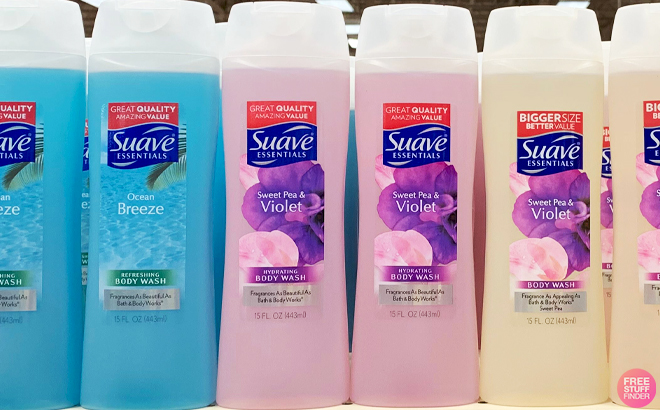 Suave Sweet Pea Violet Moisturizing Body Washes on a Store Shelf