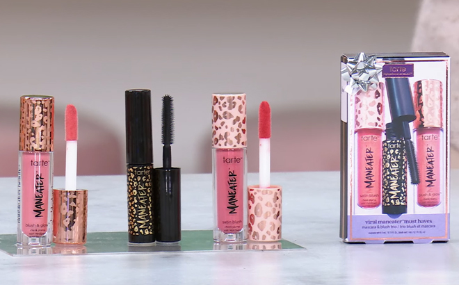 Tarte 3 Piece Viral Maneater Must Haves Travel Size Makeup Set on a Product Stand