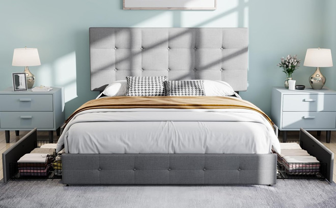Upholstered Full Size Platform Bed Frame with 4 Storage Drawers Upholstered Full Size Platform Bed Frame with 4 Storage Drawers