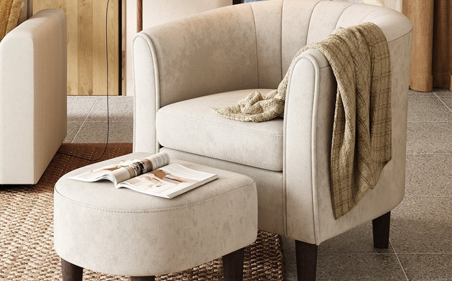 Velvet Accent Chair with Ottoman