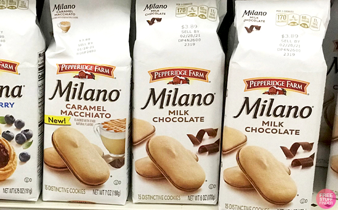 A 6 ounce bag of Pepperidge Farm Milano Milk Chocolate Cookies on a Store Shelf A 6 ounce bag of Pepperidge Farm Milano Milk Chocolate Cookies on a Store Shelf