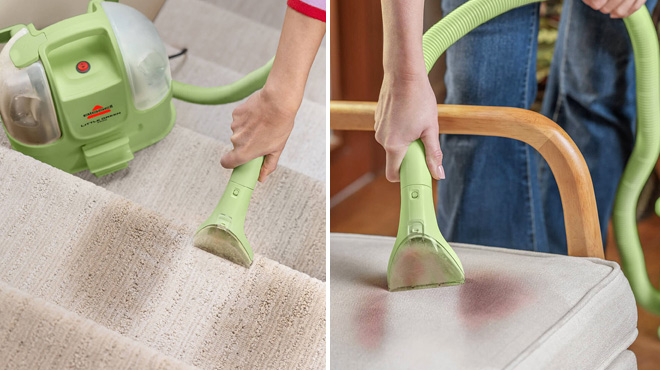 A Person Using BISSELL Little Green Mini Portable Carpet Cleaner