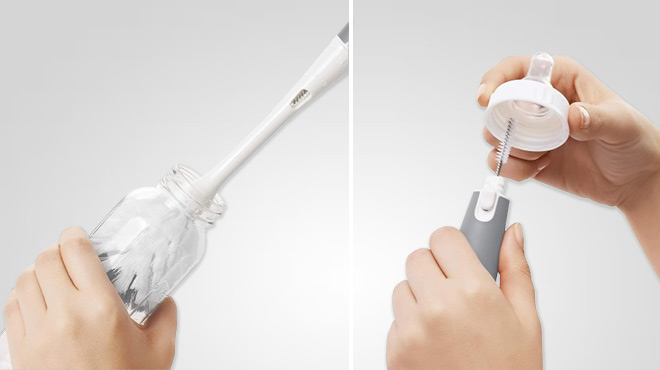A Person Using the OXO Tot Bottle Brush with Nipple Cleaner and Stand