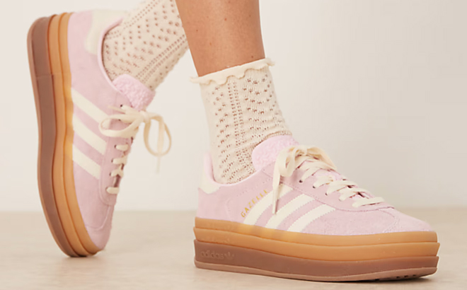 A Woman Wearing Adidas Originals Gazelle Bold Dneakers in Light Pink A Woman Wearing Adidas Originals Gazelle Bold Dneakers in Light Pink