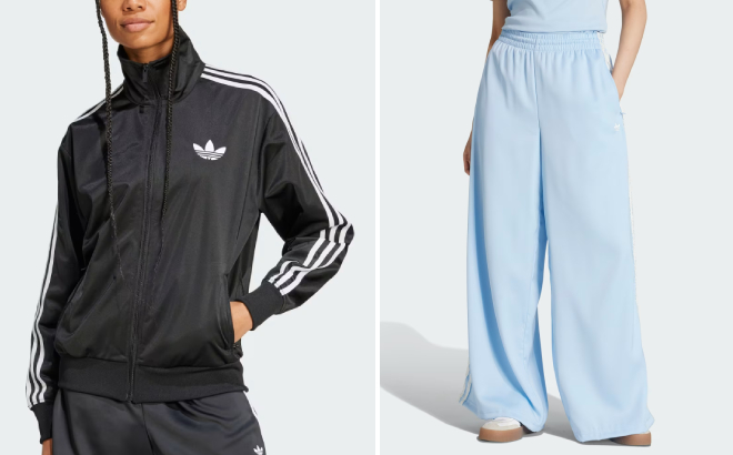 Adidas Adicolor Classic Firebird Womens Loose Track Top and Satin Ruffle 3 Stripes Wide Leg Pants Adidas Adicolor Classic Firebird Womens Loose Track Top and Satin Ruffle 3 Stripes Wide Leg Pants
