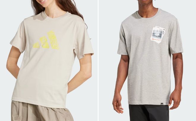 Adidas Womens Camo Graphic Tee and Mens Memories Of Sport Graphic Tee