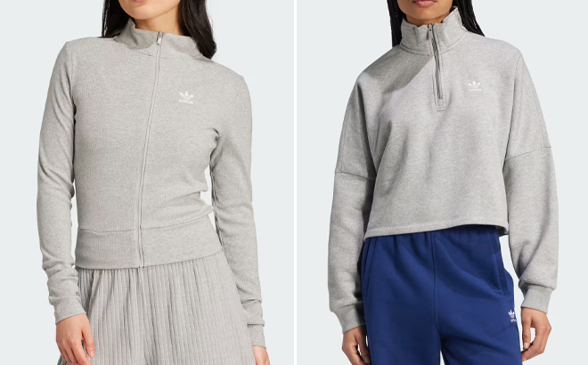 Adidas Womens Essentials Ribbed Full Zip Track Top and Essentials Half Zip Fleece Sweatshirt
