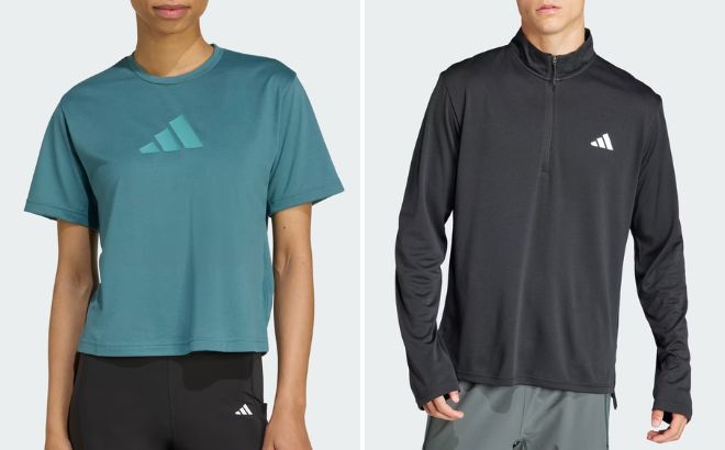 Adidas Womens Train Essentials Big Logo Performance Training Tee and Mens Train Essentials Training Long Sleeve Tee