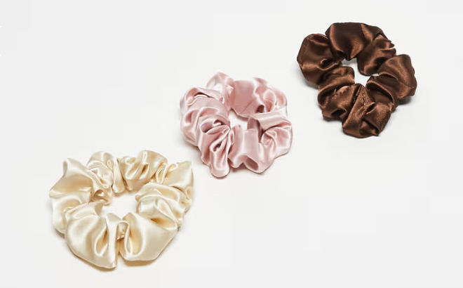 Asos DesignS Pack of 3 Satin Scrunchies in Brown Pink Beige Asos DesignS Pack of 3 Satin Scrunchies in Brown Pink Beige